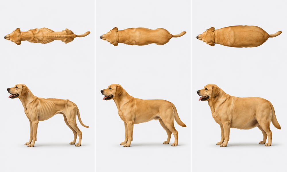 A visual comparison of underweight, ideal, and overweight body condition in a dog - Placement: after "The 1-9 Scale, Broken Down" section
