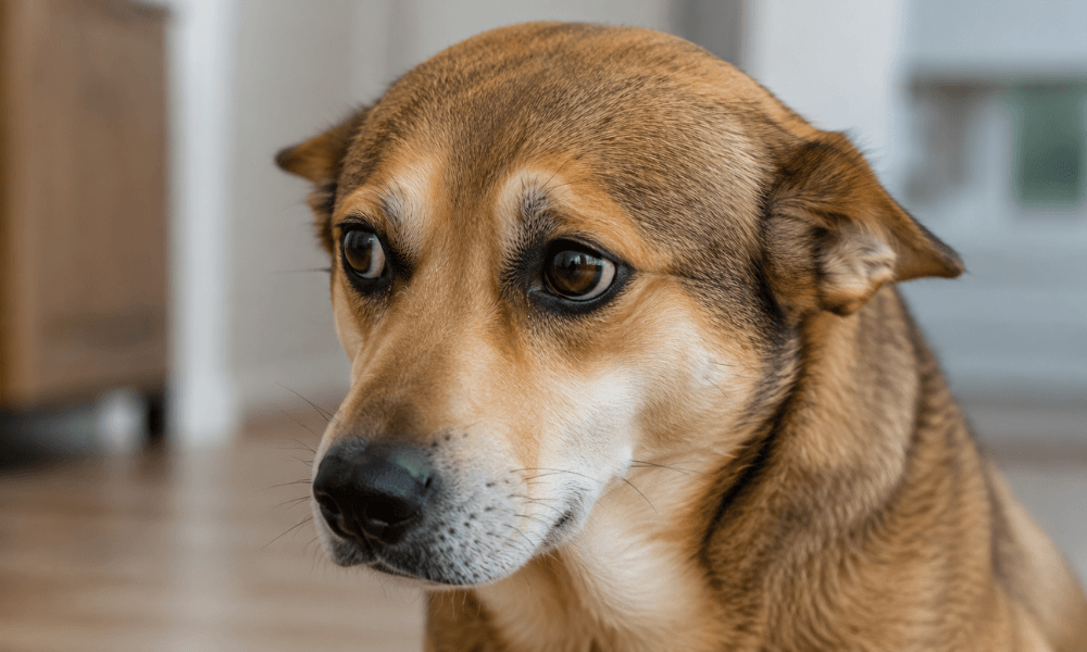 A close-up of a dog with ears pinned back - Placement: after "Reluctance to Make Eye Contact" section
