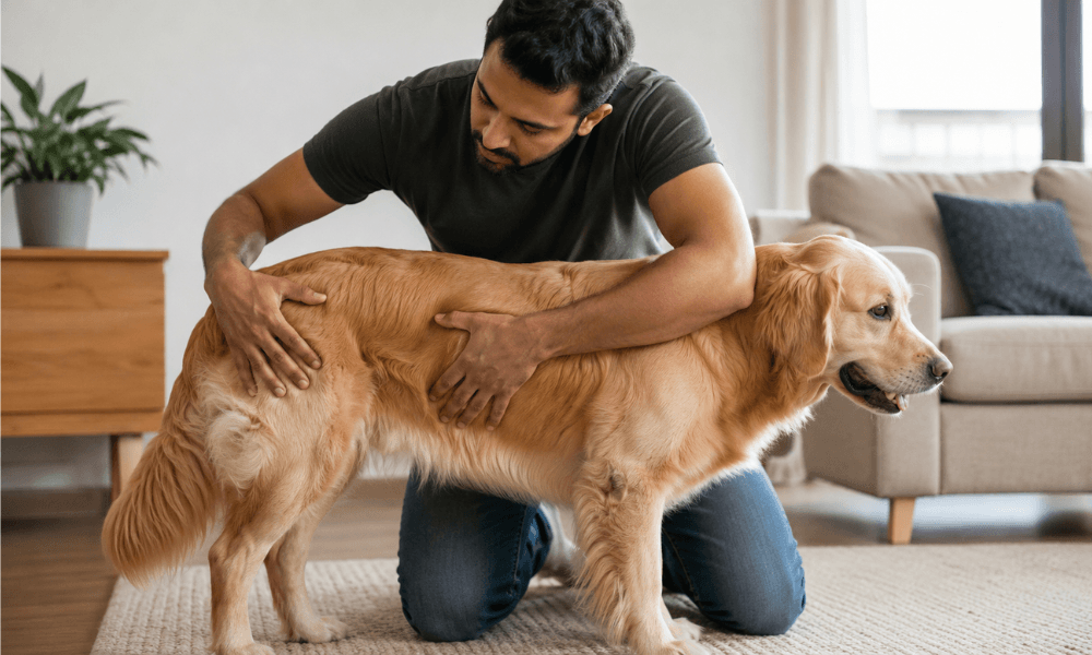 A person checking a dog's ribs and waist at home