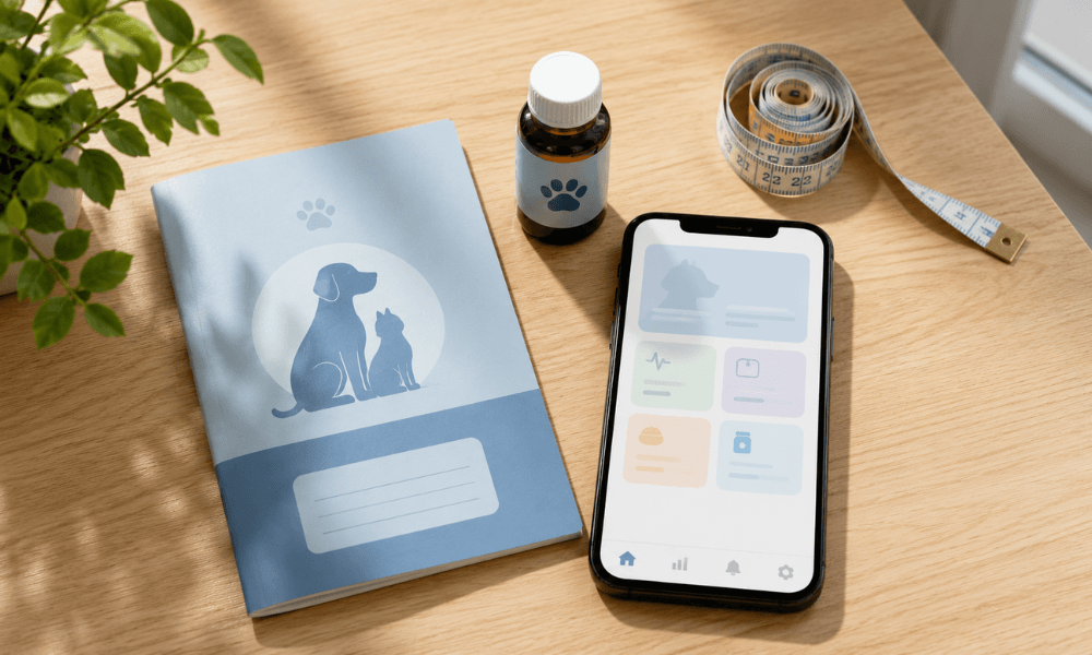 Flat lay of pet vaccine records, medication, and a health tracking app on a phone