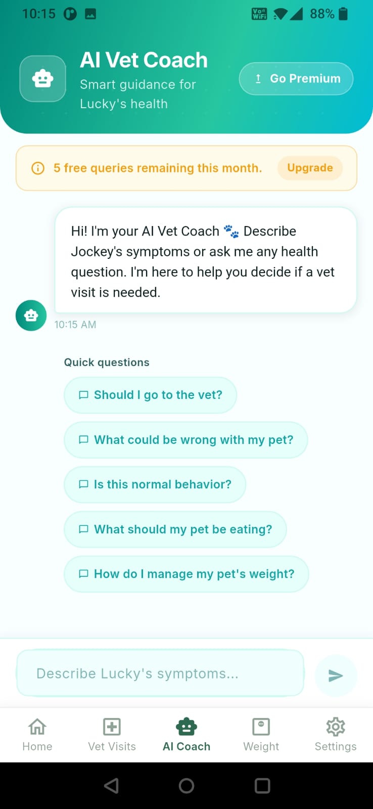 PawCare AI Vet Visits screen
